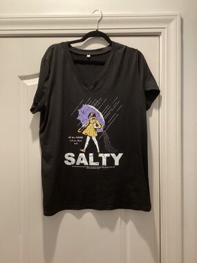 Salty Graphic V-Neck Tee - Black with Yellow & Purple Print